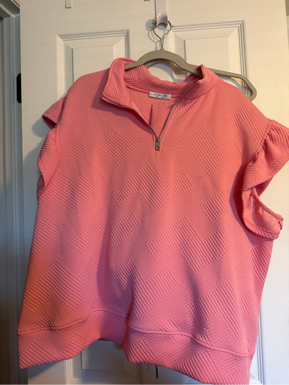 Double Take Pink Half-Zip Short Sleeve Pullover and Wide cropped Pant Set